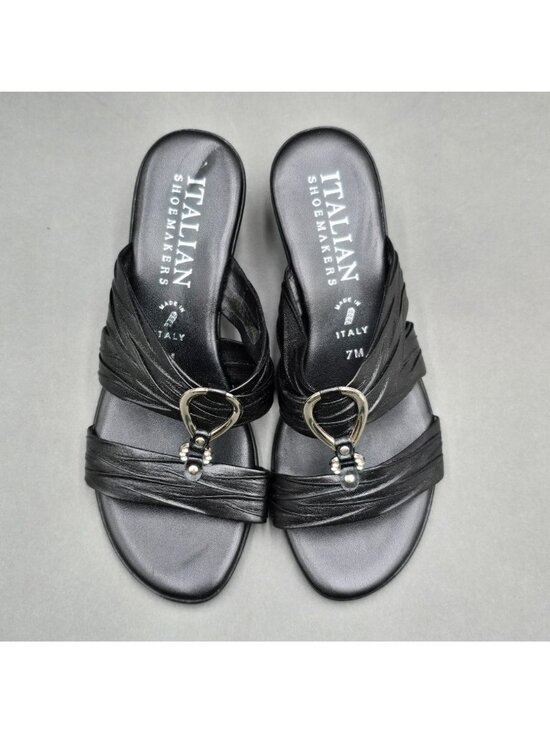 Italian Shoemakers Aleena Black Wedge Sandals Size 7 M Rhinestone Detail Slide - Picture 2 of 8